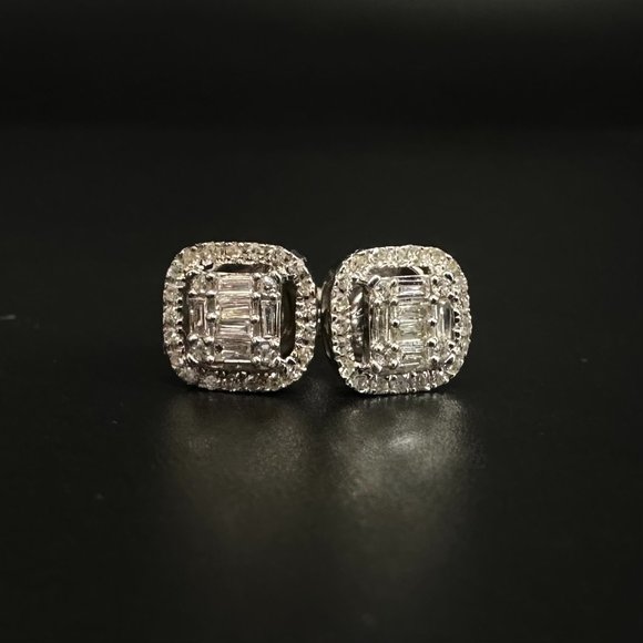 Baguette Diamond Square with Round Halo Stud Earrings 14K White Gold